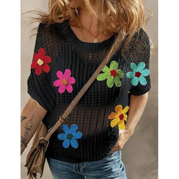 Womens Black Crochet Knit Flower Applique Short Sleeve Top XL - Picture 5 of 11